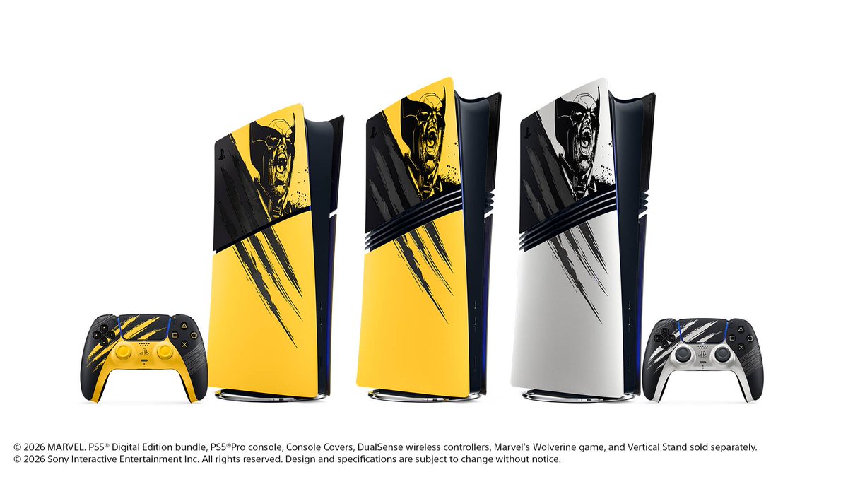 Marvel's Wolverine Limited Edition consoles and DualSense Controllers in Battle Yellow and Adamantium.