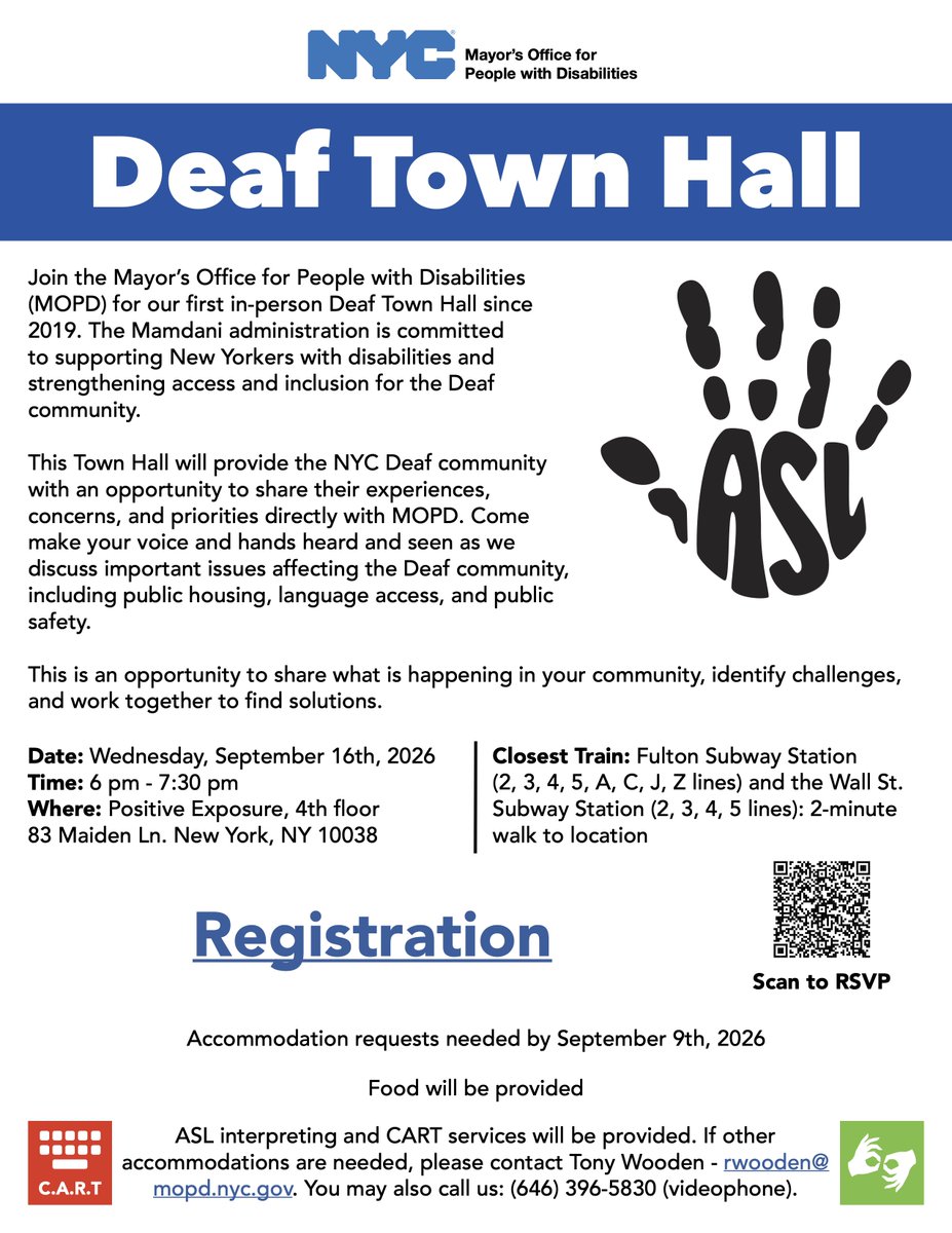 NYCDisabilities's tweet photo. For all NYers who are Deaf/Hard of Hearing, join us on Sept 16th in person for our first Deaf Town Hall since 2019!
 
Register now to secure your spot: https://t.co/MiWmWiIF3u
 
ASL and CART will be provided. Accommodations info in link/flyer.
 
@NYCMayor
@PositiveExpo https://t.co/zx5DMaq2lE