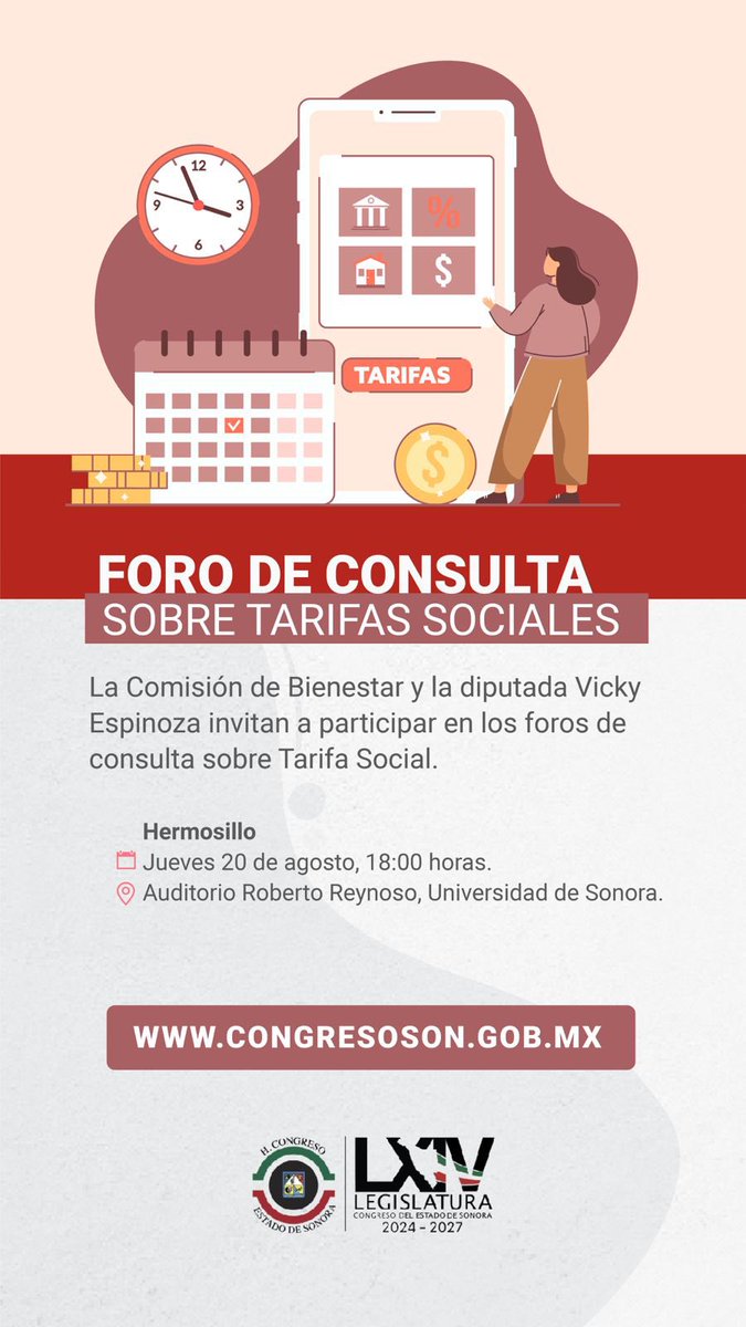 CongresoSon's tweet photo. 📢El Congreso de Sonora invita a participar al Parlamento Abierto sobre Tarifas Sociales, que se celebrará en Hermosillo, en las instalaciones de la Universidad de Sonora (Unison), este jueves 20 de agosto.

👉🏼Consulta la iniciativa aquí: https://t.co/fK30gpK5VR https://t.co/HQdu5is1wA