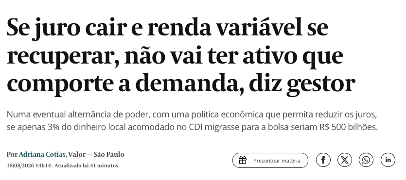 opapoeconomico's tweet photo. O gestor da AlphaKey fez a conta que o mercado evita fazer: R$ 15 trilhões dormem no CDI enquanto a bolsa inteira tem R$ 2,5 trilhões de free float. Se 3% desse dinheiro migrasse pra renda variável, seriam R$ 500 bilhões de fluxo — pra um mercado onde só 100 ações têm liquidez real.

Referência: o gringo colocou R$ 60 bi em três meses e o Ibov subiu de 140 mil pra quase 200 mil. Imagina R$ 500 bi.

O problema é a oferta. Não tem IPO desde 2022. Empresas boas recompraram ações. Estrangeiras saíram (Carrefour, Mills). Metade do capital das listadas está travado no controlador.

A tese dele: se o próximo governo fizer ajuste e o juro cair pra 10%, o capital não encontra ação suficiente pra comprar. A questão não é se, é quando.