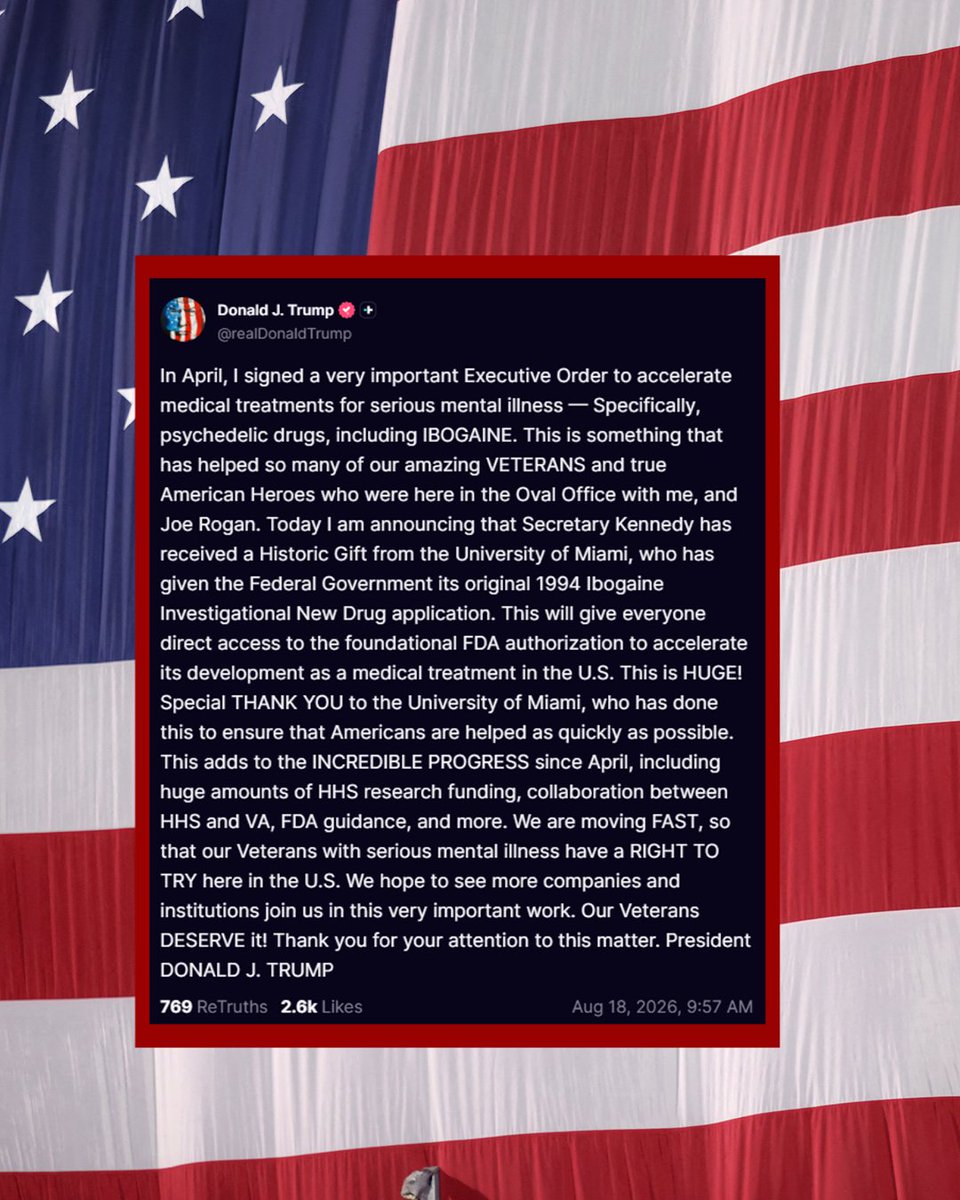 OANN's tweet photo. President Donald Trump announces that the University of Miami has provided the federal government with its original 1994 Ibogaine Investigational New Drug application, calling it a “HUGE” step toward accelerating its development as a medical treatment.

Watch OAN on OAN Live for updates.