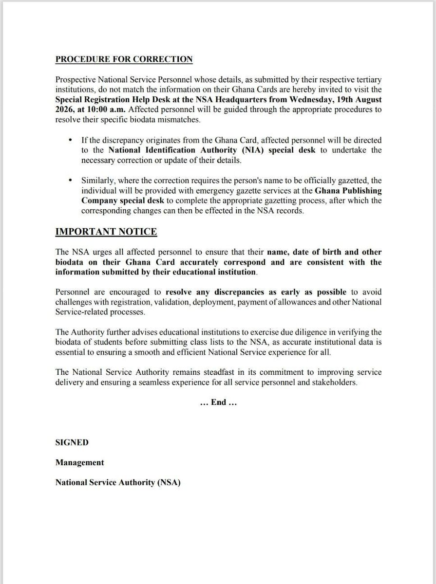 sackey_james6's tweet photo. Correction of biodata mismatch of prospective personnel at the National headquarters starts from Wednesday, 19th August 2026!!! https://t.co/r5hq3nCfJO