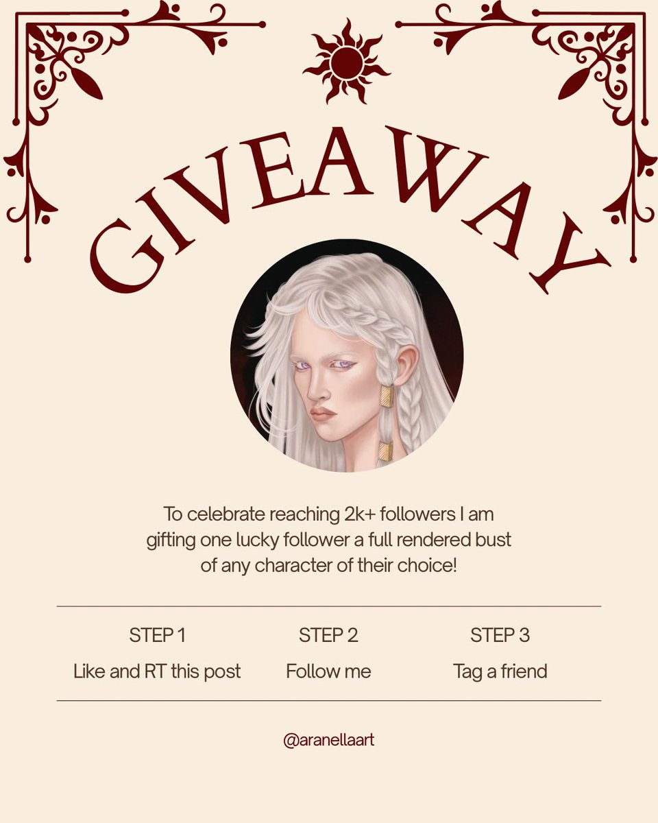 aranellaart's tweet photo. Thank you all so much for 2k followers! 

In honour of this achievement I will be hosting a giveaway: 1 rendered bust of any character of your choice! 

How to participate: like + rt this post, tag a friend in the comments &amp; follow me! Winner will be announced in 5 days. https://t.co/34VafCmgFr