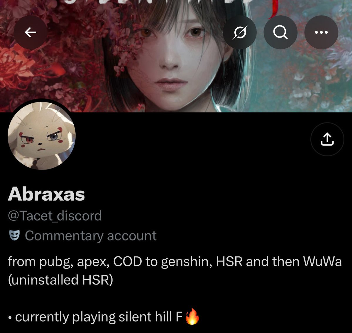 orfevrrrrre's tweet photo. A new mix has entered the gaming sphere. gun and gacha gamer

“Let me larp silent hill f too and use the first pic i see on my searches as my header even though i never actually talk about any gameplay of it” https://t.co/XTbKfZrMH8