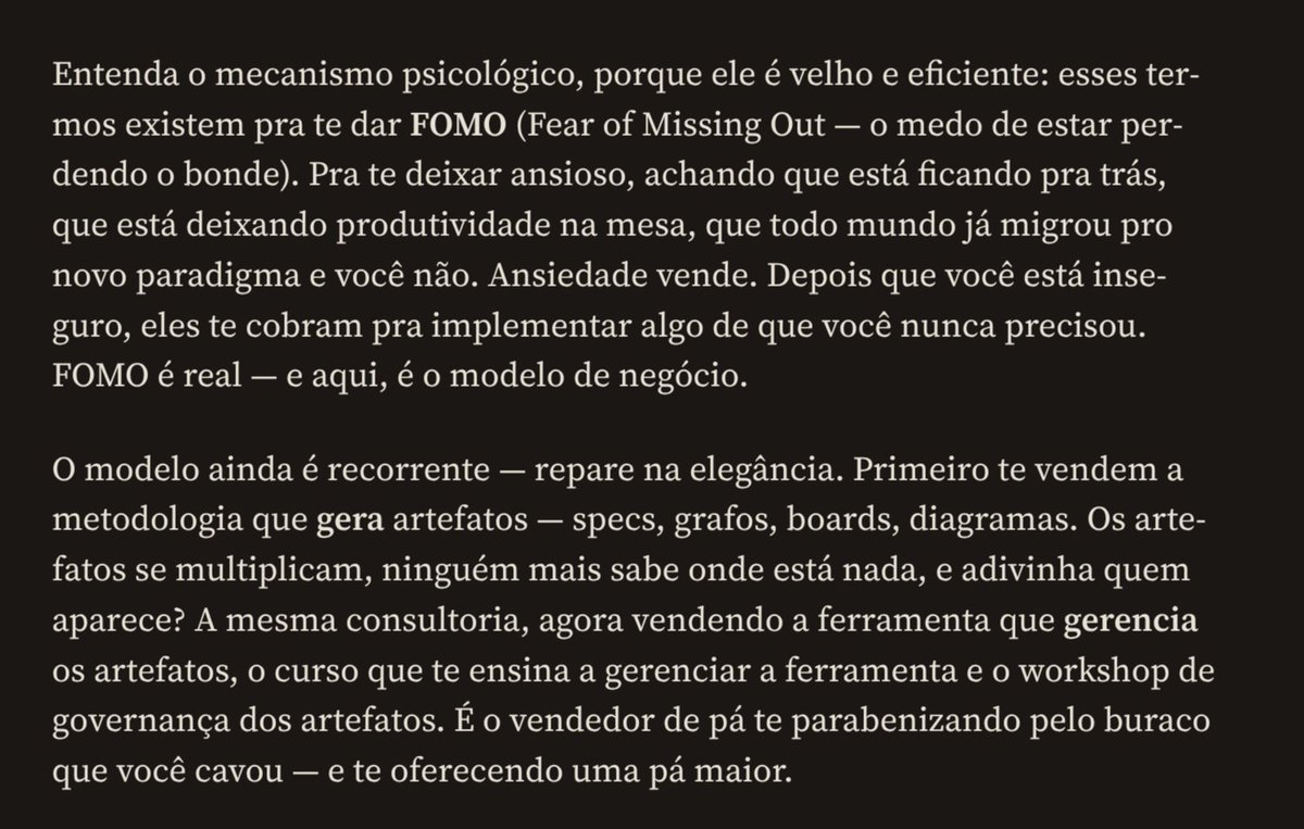AkitaOnRails's tweet photo. "Hot take: Harness, Loop Engineering, Graph Engineering são Bullshit". 

Pra não ser só bait, resolvi fazer um post inteiro explicando meu rant da manhã.

Dica: sempre que ver alguém tentando vender termos bullshit pergunte a ele: onde estão os projetos open source abertos feitos nessas técnicas que demonstram como ficaram MUITO melhores graças a isso. Demozinho não vale.

https://t.co/XAGH2XYpLl