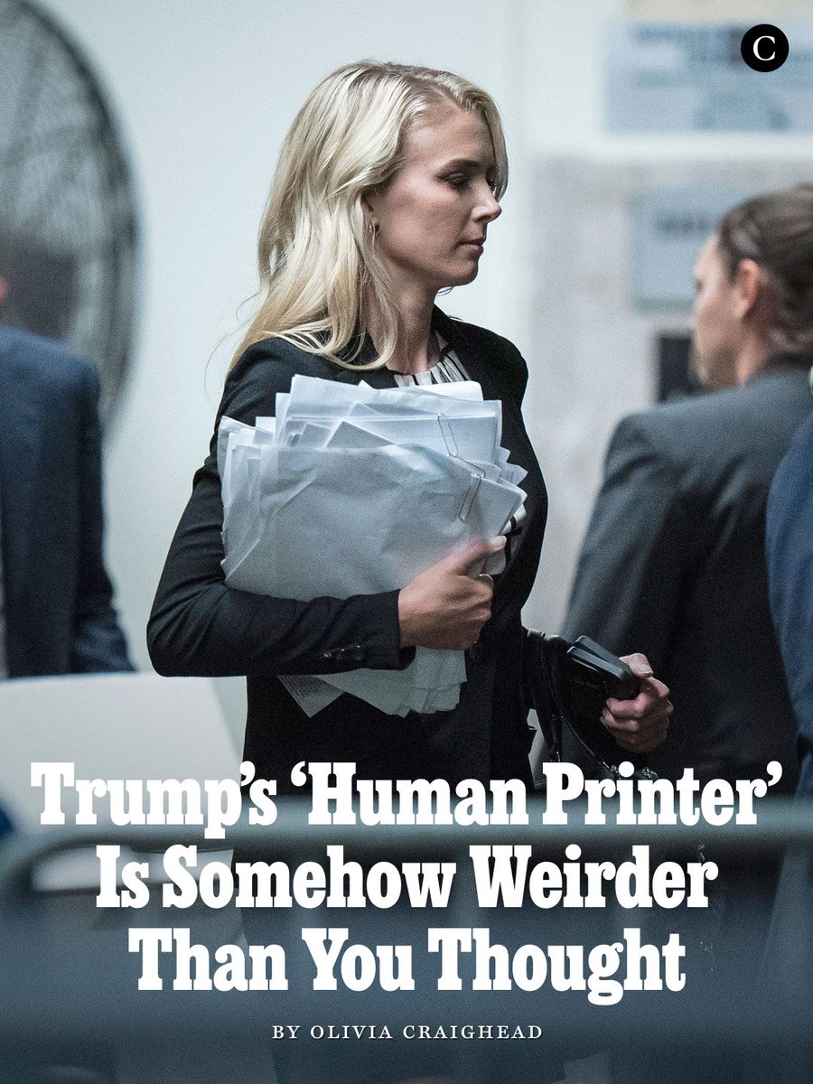 NYMag's tweet photo. Natalie Harp, known as Donald Trump’s “human printer,” is the incredibly devoted (some might say unsettlingly obsessed) Trump aide whose job is to print out flattering articles about Trump and deliver them to him in a Lululemon bag. But her whole deal is even weirder. 

According to a ‘Vanity Fair’ excerpt of ‘All or Nothing,’ Michael Wolff’s book about the 2024 election, Harp is so wholly committed to Trump that she recently spent a summer living in a golf-club locker room just to be close to him.

Revisit Craighead’s 2025 piece about why Trump’s closest aide is weirder than you might think: https://t.co/2BzbKKE6wJ