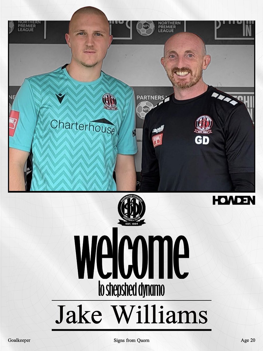 ShepshedDynamo's tweet photo. 𝐍𝐄𝐖 𝐒𝐇𝐎𝐓 𝐒𝐓𝐎𝐏𝐏𝐄𝐑 𝐒𝐈𝐆𝐍𝐒

Shepshed Dynamo are delighted to announce the signing of Jake Williams, a 20-year-old goalkeeper who joins the club from @QuornAFC.

Read the full story here - https://t.co/L0zfVMUGiZ https://t.co/DKPElCliZL
