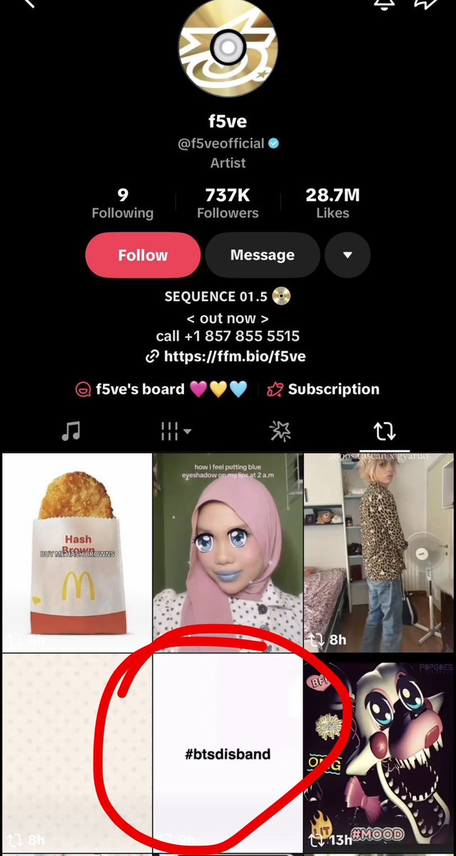 virgoshrtz's tweet photo. a nugu group f5ve who can barely pull half the streams bts got decided to repost a video that says “btsdisband”😭 no wonder they are so stuck of getting out nugudom https://t.co/7XYpiCK933