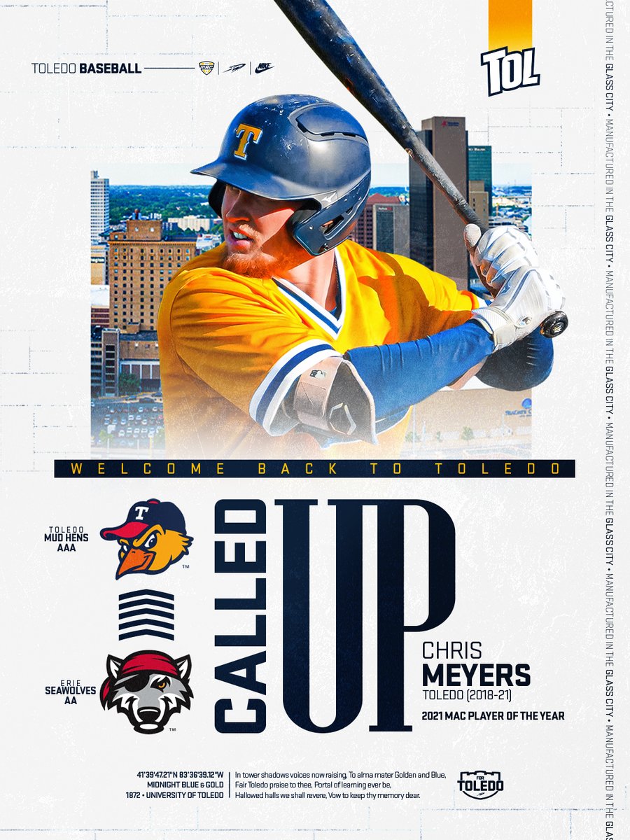 Toledo baseball alumnus Chris Meyers has been called up from the Erie Seawolves to the Toledo Mud Hens