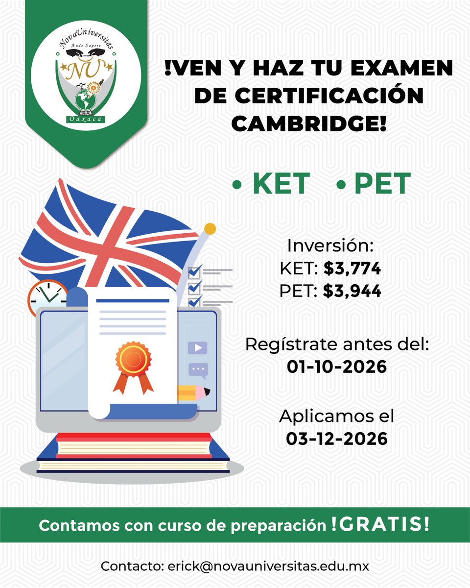 NU_SUNEO's tweet photo. 🇬🇧 Certifica tu nivel de inglés con Cambridge English.
NovaUniversitas forma parte de la Red Nacional de Centros de Preparación de The Anglo Assessment para certificaciones y exámenes de Cambridge English.
Consulta la imagen para conocer costos, fechas y registro. https://t.co/88UGiHoxAE