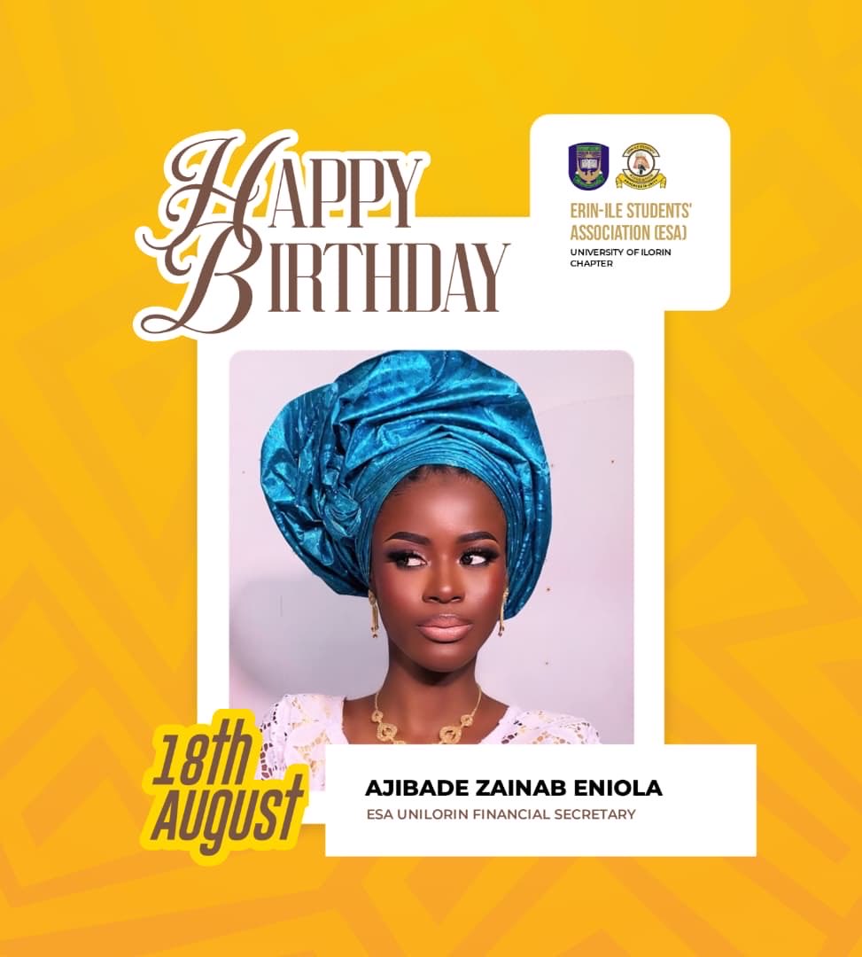 ESA_UNILORINchp's tweet photo. The Executive Council and the entire members of the Erin-Ile Students' Association (ESA), UNILORIN Chapter joyfully celebrate our amiable and vibrant Financial secretary, Comrade Ajibade Zainab Eniola(Zaynab), on the occasion of her birthday. https://t.co/zD5AEnPnBB