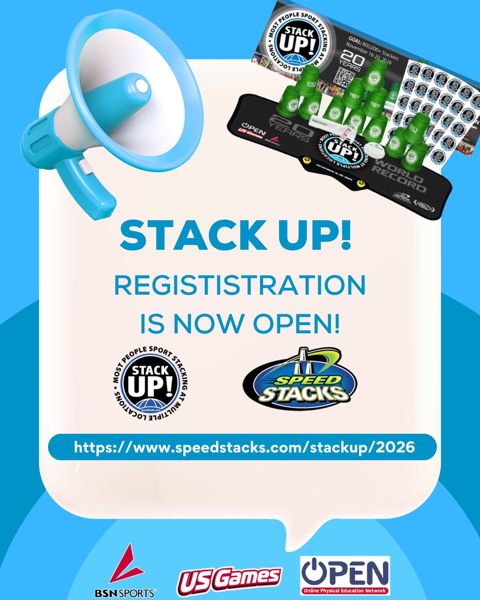 SpeedStacksInc's tweet photo. STACK UP! registration is officially OPEN! Register your school today for the largest stacking event of the year! Join 800,000 students and teachers from around the world as we attempt to break another world record. @OPENPhysEd @USGames 

Register now https://t.co/np6vKBVkcE https://t.co/WLXL3jqkXR