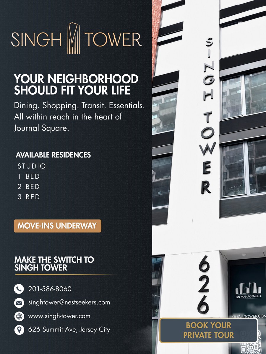 GnManagement's tweet photo. Your neighborhood should fit your life.
At Singh Tower, you’re not just choosing a luxury rental apartment, you’re choosing a connected lifestyle in the heart of Journal Square, Jersey City.

Make the switch to Singh Tower. https://t.co/BnaEOSy5e8