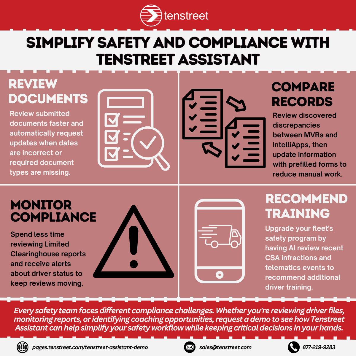 tenstreet's tweet photo. If your safety team spends most of its day buried in paperwork, there might be a better way.

Tenstreet Assistant reviews documents, flags discrepancies, and identifies coaching opportunities so your team can focus on driver safety.

See it in action. 👇
https://t.co/uBAXMl4TrP https://t.co/nFLIY8st69