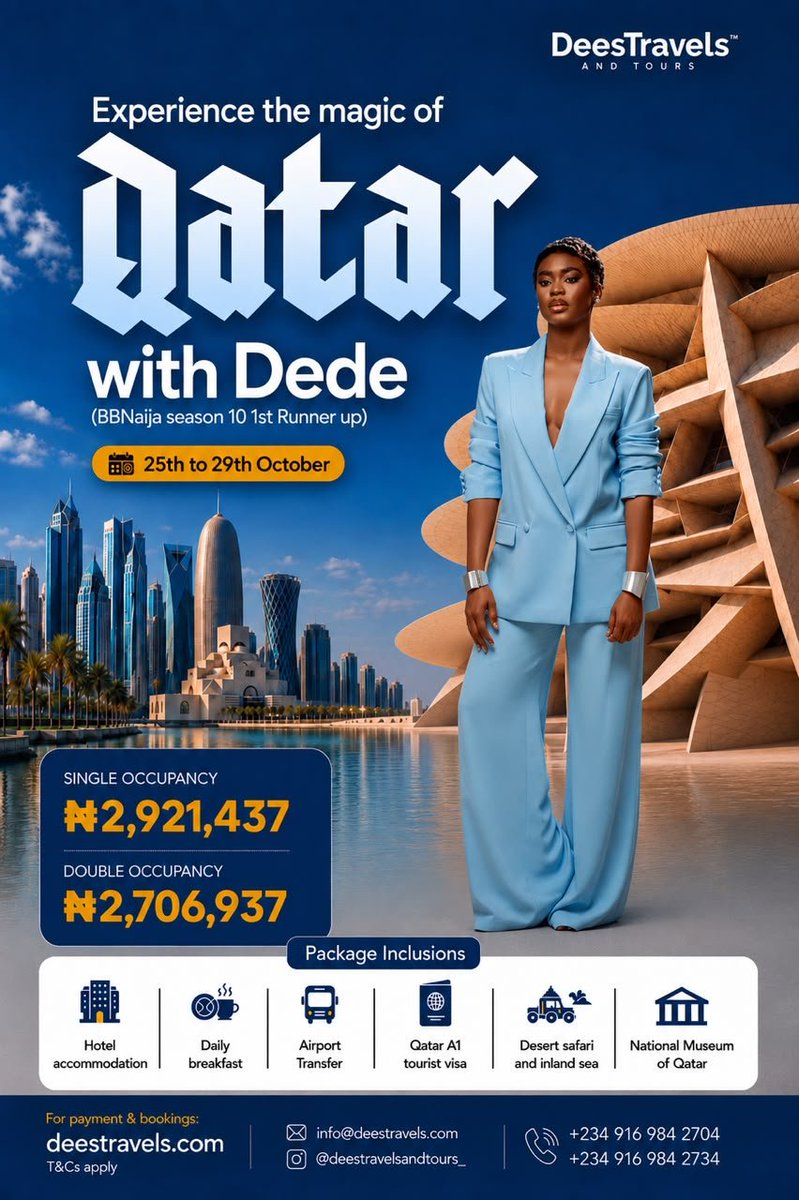 Deestravels_'s tweet photo. Experience the magic of Qatar with @dede_ashiogwu from 25th–29th October!

Package includes hotel accommodation, daily breakfast, airport transfer, Qatar A1 tourist visa, desert safari and inland sea, the National Museum of Qatar.

Tag who you’d love to take to Qatar! 

  #qatar https://t.co/25hDPyHLba