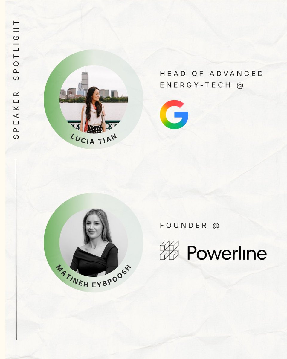foundherhouse's tweet photo. Meet our Energy-Tech &amp; Infrastructure Panel featuring:
Lucia Tian: Head of Advanced Energy-Tech at @Google
Matineh Eybpoosh: Founder at Powerline https://t.co/ogqc1e22IL