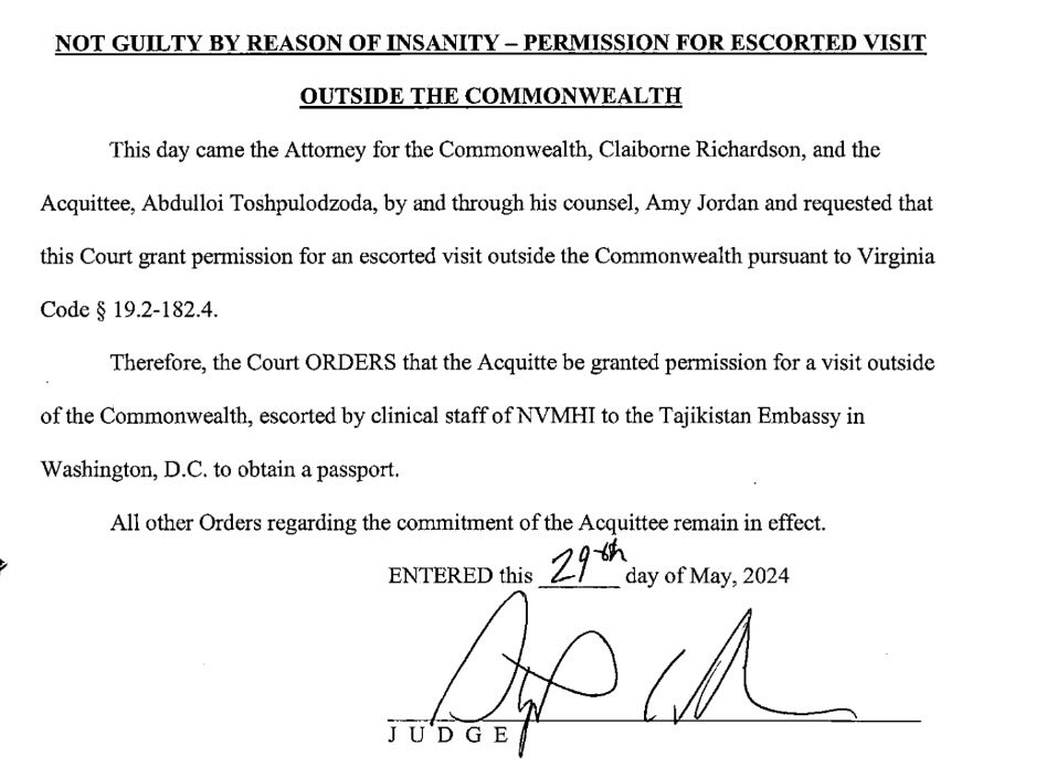 TheDMVLive's tweet photo. Wild story out of Fairfax County, Virginia:

A suspect acquitted of killing his landlord by reason of insanity was allowed to leave a mental health facility on a 48 hour weekend pass. 

He then boarded a flight to Tajikistan.

Back in 2019, Abdulloi Toshpulodzoda fatally stabbed his roommate, Mohammed Hemmatian, inside their home in Vienna, Virginia. Court records state that police found Toshpulodzoda covered in blood and that he admitted, “I am guilty.”

According to court records, Fairfax County had been covering the cost of an apartment for Toshpulodzoda while he was receiving treatment at a mental health facility. During a 48-hour leave from the facility, he purchased a one-way ticket and left the country, eventually returning to Tajikistan.

The Fairfax County Commonwealth Attorney’s Office has now requested a warrant enforceable beyond Virginia’s borders to bring the suspect back…