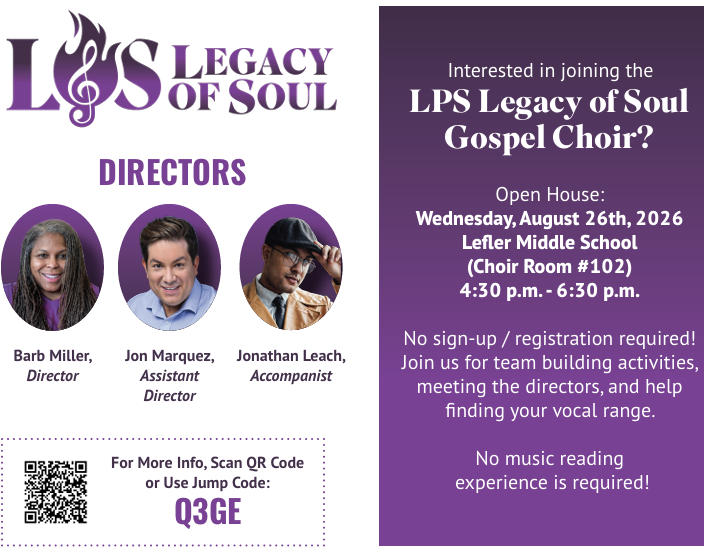 MusicatLPS's tweet photo. Come join us for the LPS Legacy of Soul Gospel Choir Open House next Wednesday, August 26th at Lefler Middle School from 4:30-6:30 p.m. No music experience required, just the love of making music with others! https://t.co/ZiUS4YgJYu