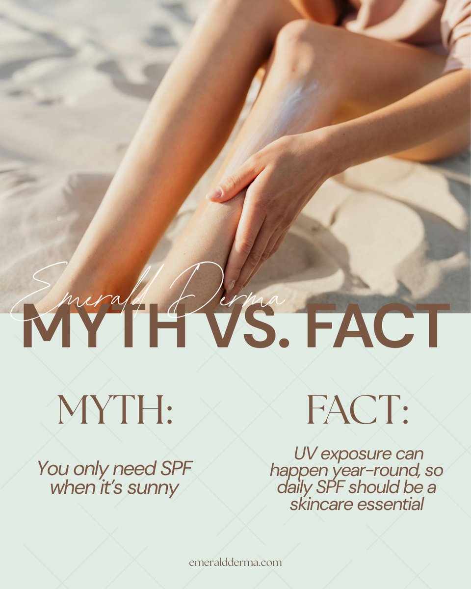 emeraldderma's tweet photo. ☀️ MYTH: You only need SPF when it’s sunny. FACT: UV exposure can happen year-round, making daily SPF an essential part of your skincare routine. Protect your skin every day 💚

#EmeraldDerma #SPF #SkincareMyth https://t.co/Or3jg1tKjF