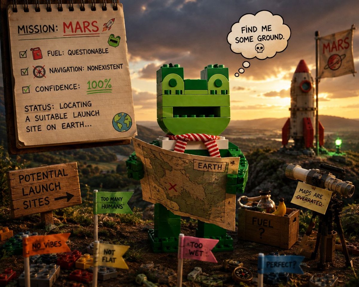 theLegoFrog's tweet photo. LEGO solana:8XckCju2tHPEdSGEdGgeDbukXycLLXdaLKPgXA58pump  currently locating a suitable launch site on Earth…
mission: MARS 🚀🐸
fuel: questionable
navigation: nonexistent
confidence: 100%
bro really said “find me some ground” https://t.co/YHDMd1ffUa