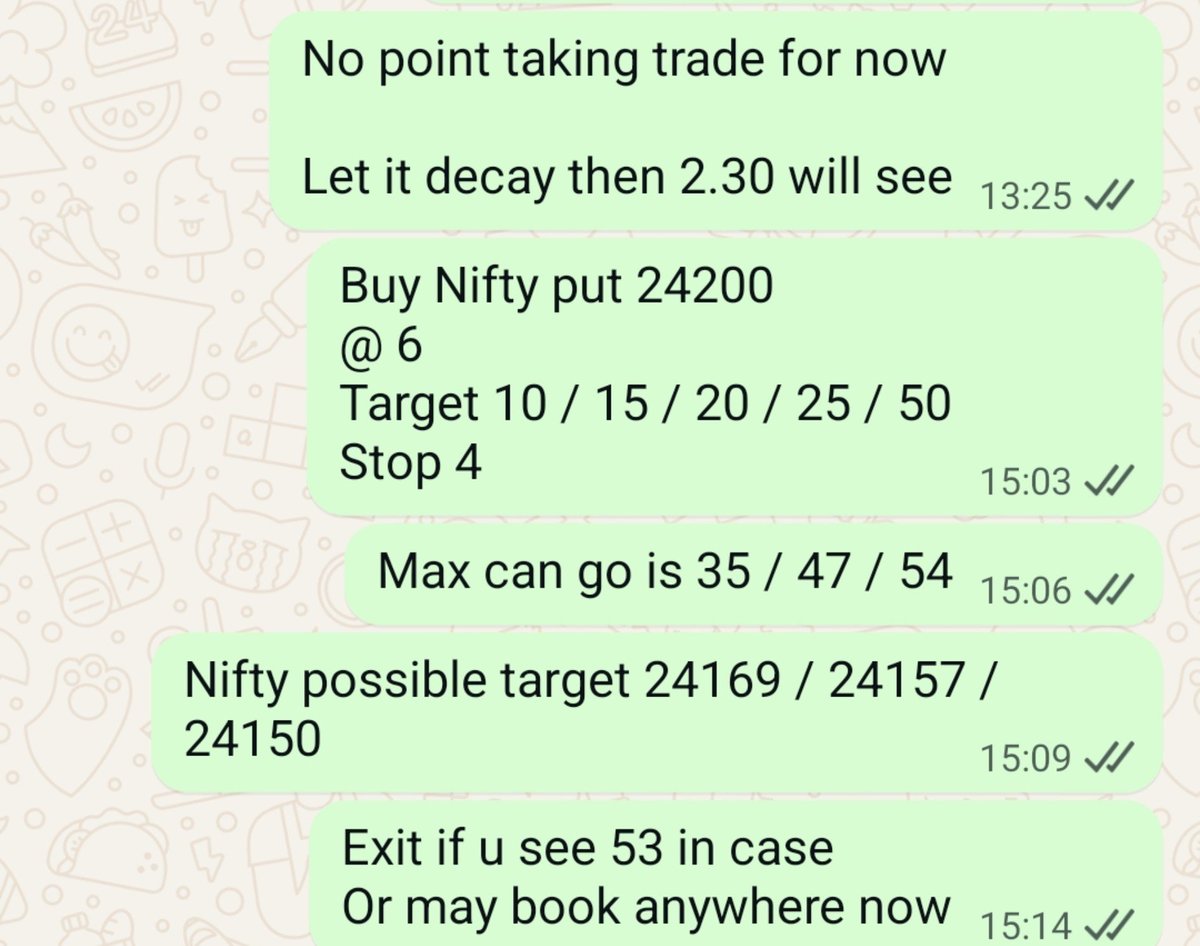 pratik484's tweet photo. 24300 puts from 75 to 130 ie 55 point
24200 put from 6 to 70 ie 63 point
Jackpot trade money made 11 times in 10 mins
Also it wasn't gambling as told nifty will hit 24157 - 24150 n closed at 24154 dot 🎯🎯
#nifty50 #niftyfutures #niftyoptions #stockmarketindia #niftycrash #sensex https://t.co/DAHeXTU4La