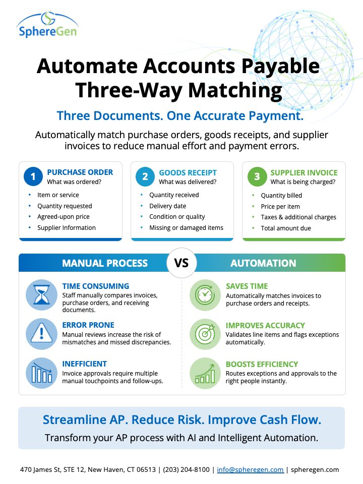 SphereGen's tweet photo. Make three-way matching faster, smarter, and more accurate. ⚙️
SphereGen’s Intelligent Accounts Payable Automation matches purchase orders, goods receipts, and invoices.

See how it works:
🔗 https://t.co/tN7lEbR3yE

#AccountsPayable #Automation #Manufacturing #SphereGen https://t.co/EqNTOeLhwQ