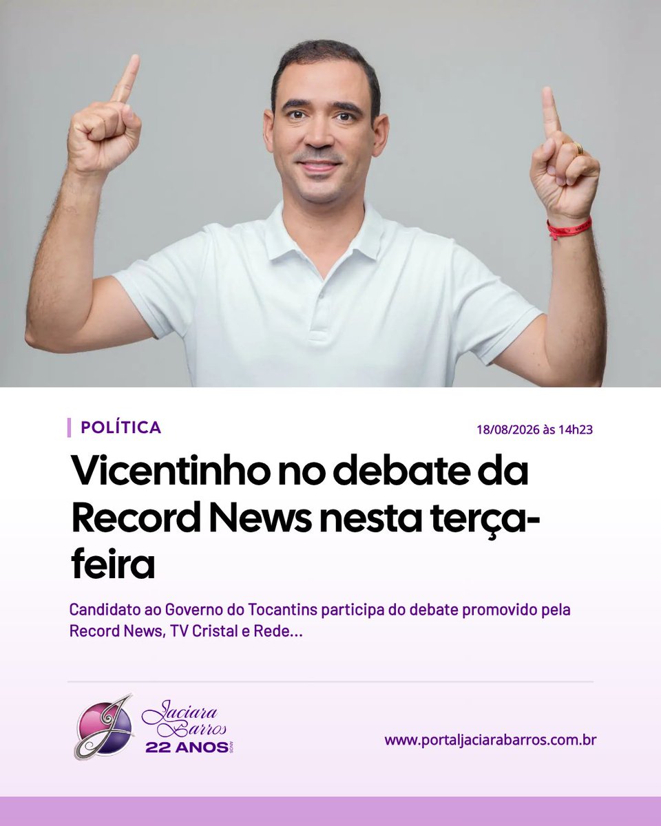 jaciarabarros's tweet photo. Vicentinho Júnior (PSDB) participa do debate ao Governo do Tocantins nesta terça-feira, dia 18, às 19h, transmitido pela Record News Tocantins, TV Cristal, Rede Hits FM e plataformas digitais. O candidato apresentará propostas para saúde, educação, segurança públ1ca, infraestrutura e geração de empregos, destacando um plano focado no desenvolvimento econômico e fortalecimento dos municípios.
Confira mais informações acessando o site abaixo.

https://t.co/57q0EM21Rm