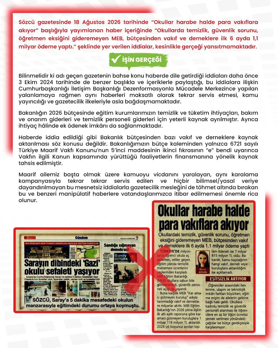 mebdmm's tweet photo. Sözcü Gazetesinin Bugünkü Baskısında Yer Alan “Okullar Harabe Halde Para Vakıflara Akıyor” Başlığıyla Yayımlanan Haber İçeriğinde Yer Verilen İddialar, Kesinlikle Gerçeği Yansıtmamaktadır https://t.co/ZysUYd3rmx