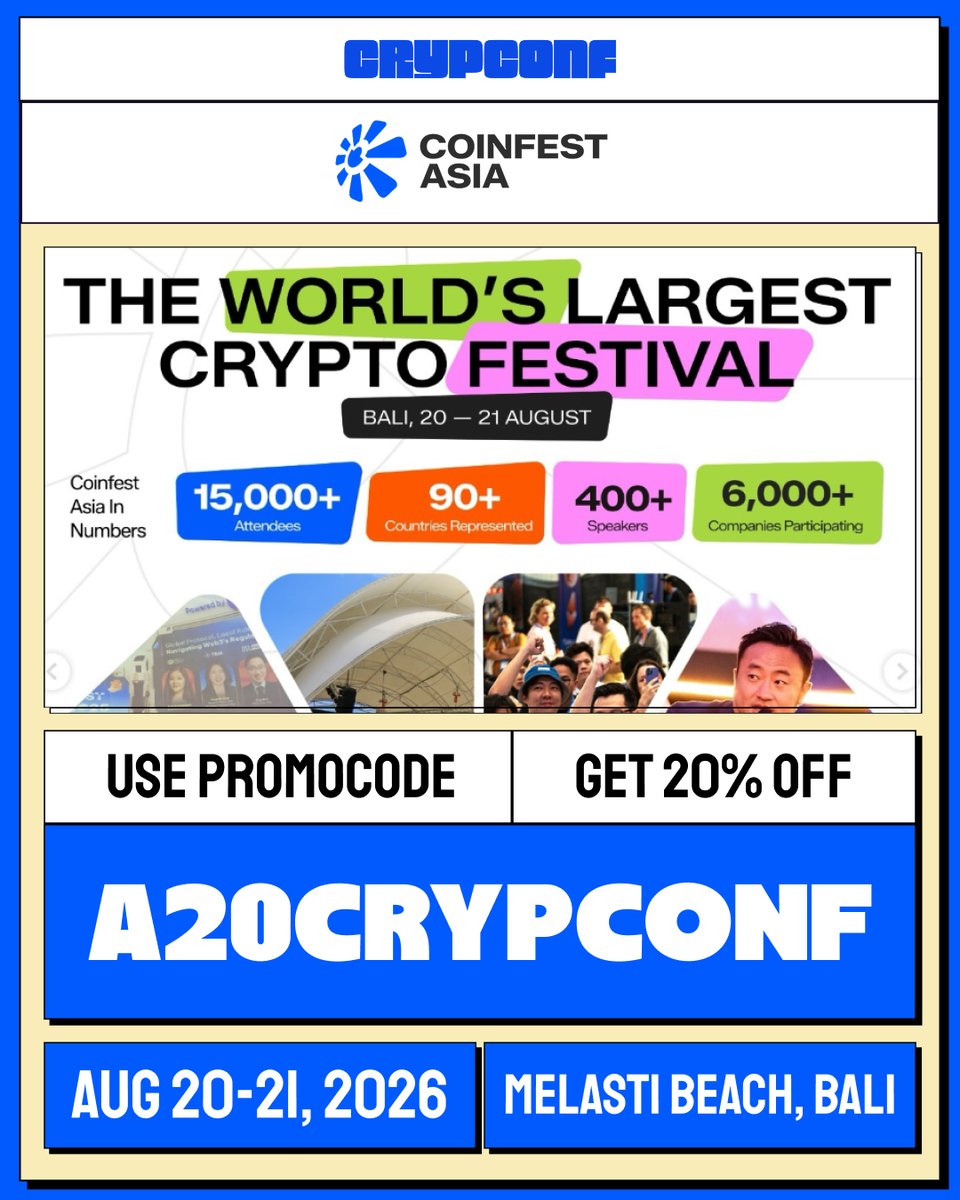 crypconf's tweet photo. 2 DAYS UNTIL Coinfest Asia 2026! 🏝️

The world's largest crypto festival lands on Melasti Beach in just 48 hours!

🎟️Use Promo code: A20CRYPCONF  
Get 20% OFF on your tickets NOW!

📅 August 20-21, 2026
📍 Melasti Beach, Bali

#coinfestasia #coinfest https://t.co/6DuMtRbaVD
