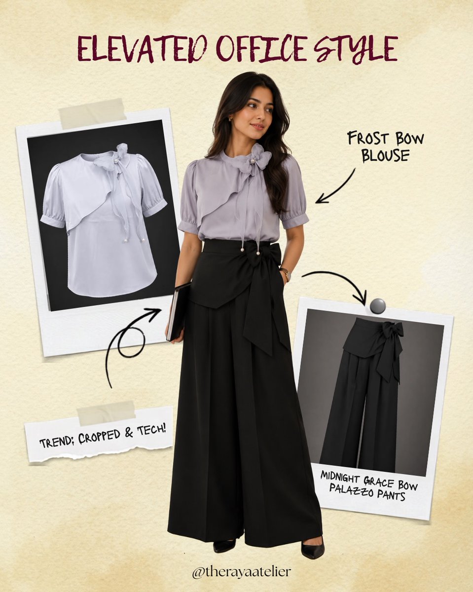 caltatato's tweet photo. Office outfits don’t have to be boring. Pair a simple blouse, statement bow, and wide-leg pants for a polished, feminine look that feels elevated, not overdressed. Would you wear this to the office? YES or NO? https://t.co/sMMOARcocP