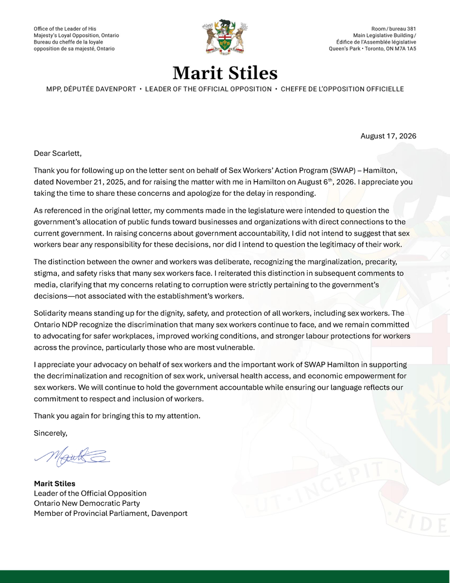 IsisIntrepid's tweet photo. @MaritStiles, Leader of the @OntarioNDP and Leader of the Official Opposition, has responded to the concerns I raised on behalf of @SWAPHamilton.

I appreciate Marit taking the time to acknowledge the distinction between workers and the owners of businesses, and to recognize the marginalization, precarity, stigma, and safety risks that many sex workers face. She has now clarified that her concerns were about government accountability, and not about sex workers or the legitimacy of their work.

Most importantly, she reaffirms something I have always believed: solidarity means standing up for the dignity, safety, and protection of all workers, including sex workers. She also recognizes the need for safer workplaces, better working conditions, and stronger labour protections, particularly for the most vulnerable workers.

This is why I have spent over a decade advocating for sex workers' liberation. It has never been about one issue or one community. It is about a fundamental working-class value: every person who works deserves dignity, equality, safety, respect, and the ability to live with economic security.

My advocacy for sex workers is inseparable from my unwavering support for working-class people. Whether you are working in a steel mill, a restaurant, a warehouse, a salon, an office, a construction site - or in the sex industry - you deserve a government that sees you as a person, not a statistic or a political talking point.

That is the kind of mayor I intend to be for the @CityofHamilton.

I believe in listening to people, taking their concerns seriously, and then taking action. I believe in standing with workers when they are being ignored. And I believe Hamilton should be a city where working people, not just the powerful and well-connected, have a voice in the decisions that shape their lives.

Thank you to Marit Stiles for responding, and thank you to everyone who continues to stand with SWAP Hamilton and with sex workers.

My campaign is about working-class Hamilton. And I will never stop standing up for working people. ❤️

#HamOnt #CDNPoli #ONPoli #CityofHamilton #HamiltonOntario @ndpcanada @HamiltonLabour @onfedlab