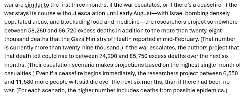JacobALinker's tweet photo. In February 2024, @IChotiner interviewed Paul Spiegel who predicted the death toll in Gaza by August 2024 would reach up to 95,720 dead if the war continued as it was and up to 114,750 if things escalated more.

It only hit 40,000 in mid-august. 1/2 to 2/3 less than warned. 

Did @IChotiner ever account for promoting wildly-off base figures?