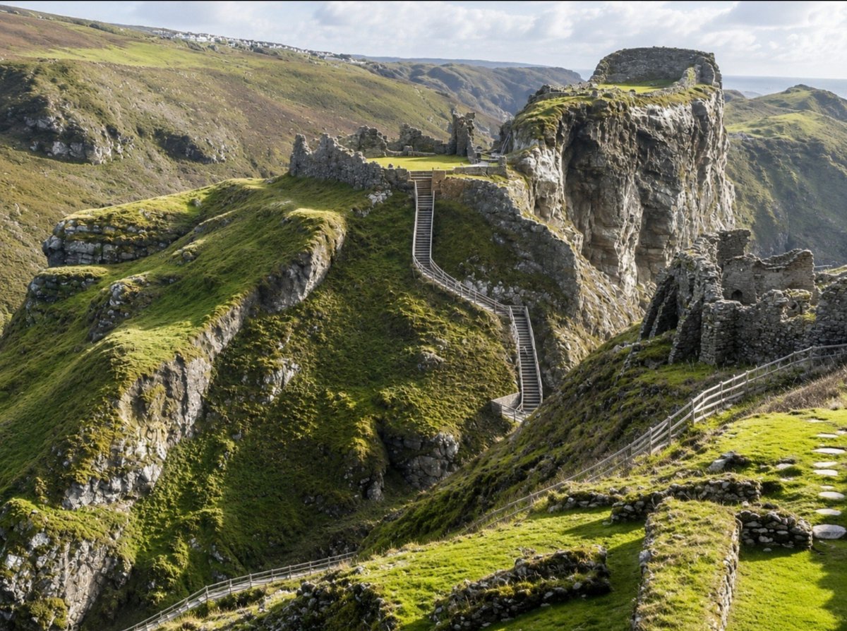 Englishremnant's tweet photo. Few places in Britain are more closely bound to the legend of King Arthur than Tintagel.

Perched above the Atlantic on the north coast of Cornwall, Tintagel was already an important and wealthy stronghold between roughly AD 450 and 650,  the very centuries traditionally associated with Arthur. Archaeology has uncovered substantial buildings and evidence of far-reaching trade with the Mediterranean world.

In the 12th century, Geoffrey of Monmouth named Tintagel as the place where Arthur was conceived, forever tying this dramatic fortress to the Arthurian story. The connection became so powerful that Richard, Earl of Cornwall, built his castle there in the 13th century partly because of Tintagel's Arthurian reputation.

Standing among the ruins today, with the cliffs dropping into the Atlantic below, it is easy to understand why Tintagel became inseparable from the legend of Britain's greatest king. History and myth have met here for nearly a thousand years 🏴󠁧󠁢󠁥󠁮󠁧󠁿