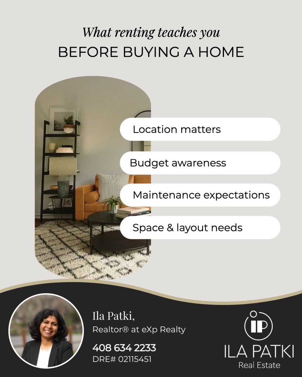 IlaPatkiRE's tweet photo. Renting is a valuable step before homeownership, offering real insight into what matters in a home.

- Location matters
- Budget awareness
- Maintenance expectations
- Space &amp; layout needs

These lessons create a more informed, confident approach when it’s time to buy. https://t.co/mEysJgKDuI
