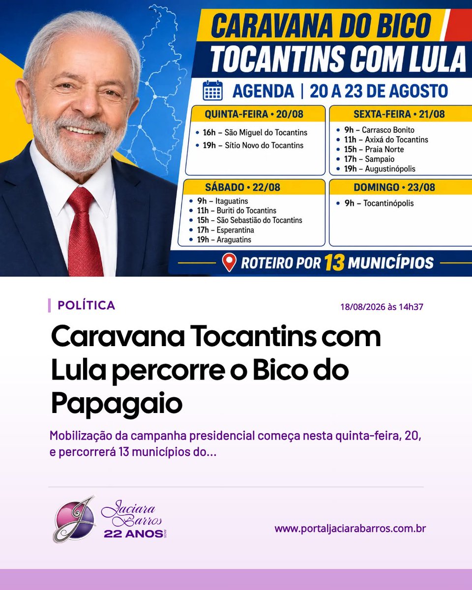 jaciarabarros's tweet photo. A Caravana Tocantins com Lula inicia nesta quinta-feira um roteiro pelo Bico do Papagaio, percorrendo 13 municípios até domingo. A mobilização da campanha presidencial inclui encontros e debates com lideranças e eleitores das cidades da região norte do Tocantins.📍
Confira os detalhes no site:

https://t.co/ROPsrNwolj