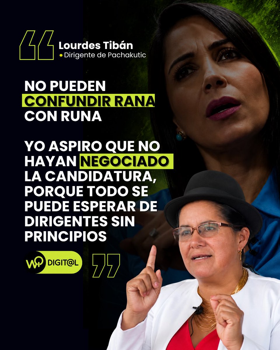 wq_radio's tweet photo. 🚨 “NO PUEDEN CONFUNDIR RANA CON RUNA”

Con esta contundente frase, Lourdes Tibán, dirigente de Pachakutik, cuestionó en Ecuavisa la inscripción de Luisa González como candidata a la Prefectura de Manabí por ese movimiento.

Tibán sostuvo que dentro de Pachakutik existen reglas que deben respetarse y expresó su desconfianza hacia la dirigencia nacional.

🗣️ “Yo aspiro que no hayan negociado la candidatura, porque todo se puede esperar de dirigentes sin principio”, afirmó.

La dirigente pidió claridad sobre el proceso y cuestionó que una candidatura pueda definirse sin respetar los mecanismos internos de la organización.

#LourdesTibán #Pachakutik #LuisaGonzález #Manabí #Ecuador @lourdestiban1