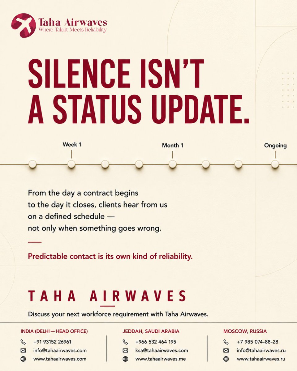 tahaairwaves's tweet photo. Silence isn't a status update. Predictable contact is its own kind of reliability.
🇮🇳 +91 93152 26961 | 🇸🇦 +966 532 464 195 | 🇷🇺 +7 985 074-88-28
#TahaAirwaves #GlobalHiring https://t.co/BJccshdOlM