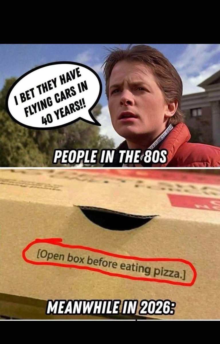 bewitchedjai's tweet photo. For real lol 

#80sKids #FutureIsNow #FlyingCars #ModernProblems #PizzaBox #CommonSense #FunnyAF #DarkHumor #WeWerePromisedFlyingCars #HumanityIsDoomed #Idiocracy #MillennialHumor #GenXHumor #FunnyTweets https://t.co/X4zDwXBn6m