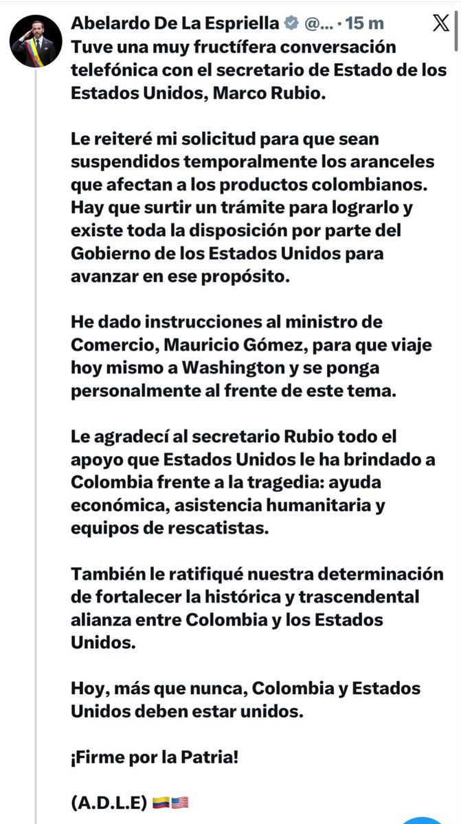 lafm's tweet photo. 🔵 El presidente Abelardo de la Espriella habló por teléfono con el secretario de Estado de EE. UU., Marco Rubio, y reiteró su solicitud de suspender temporalmente los aranceles a productos colombianos.

🔹 El ministro de Comercio, Mauricio Gómez, viajará este martes a Washington para avanzar en el trámite.