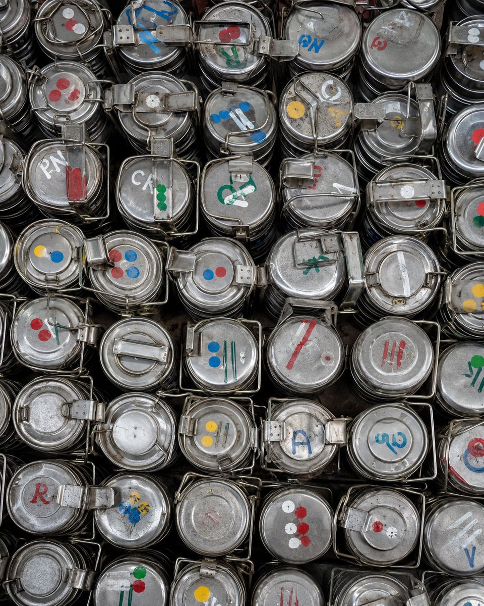 eomeetapp's tweet photo. In Mumbai, about 5,000 dabbawalas deliver roughly 200,000 home-cooked lunches across the city every day — picking them up from homes and getting them to the right desk by noon.

Most use no computers. Many can barely read. They rely on a simple handwritten code and trains that run on time.

Errors are famously rare — something like one in a million.

How much of what we credit to technology is really just people who refuse to drop the thing they're carrying?