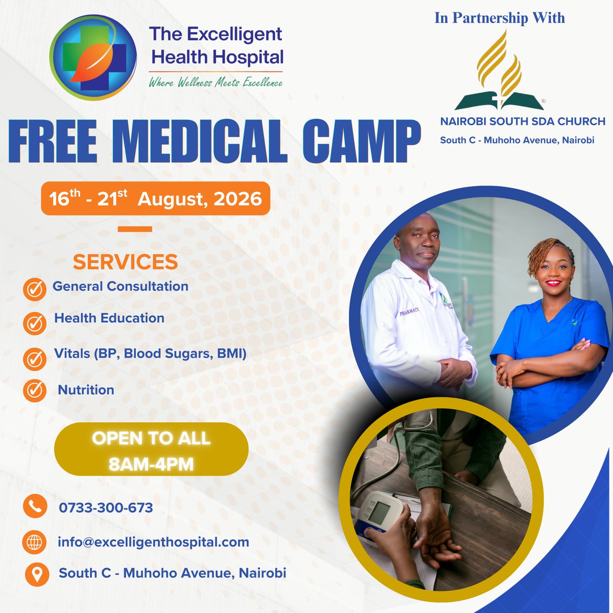 ExcelligentHosp's tweet photo. We're glad to be partnering with the @sdanairobisouth  to offer a FREE Medical Camp to congregants &amp; visitors this Camp Meeting from 16th-21st August 2026

📍Nairobi South SDA Church, South C Muhoo Avenue

#WhereExcellenceMeetsWellness #CampMeeting #MedicalCamp #QualityHealthcare https://t.co/VsTfoyNLK0