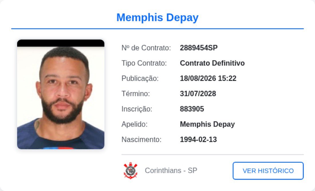 _sccpnews's tweet photo. 🚨 | O novo contrato de Memphis Depay já está registrado no BID da CBF. 

📸 | Reprodução https://t.co/hF4bH94NgH