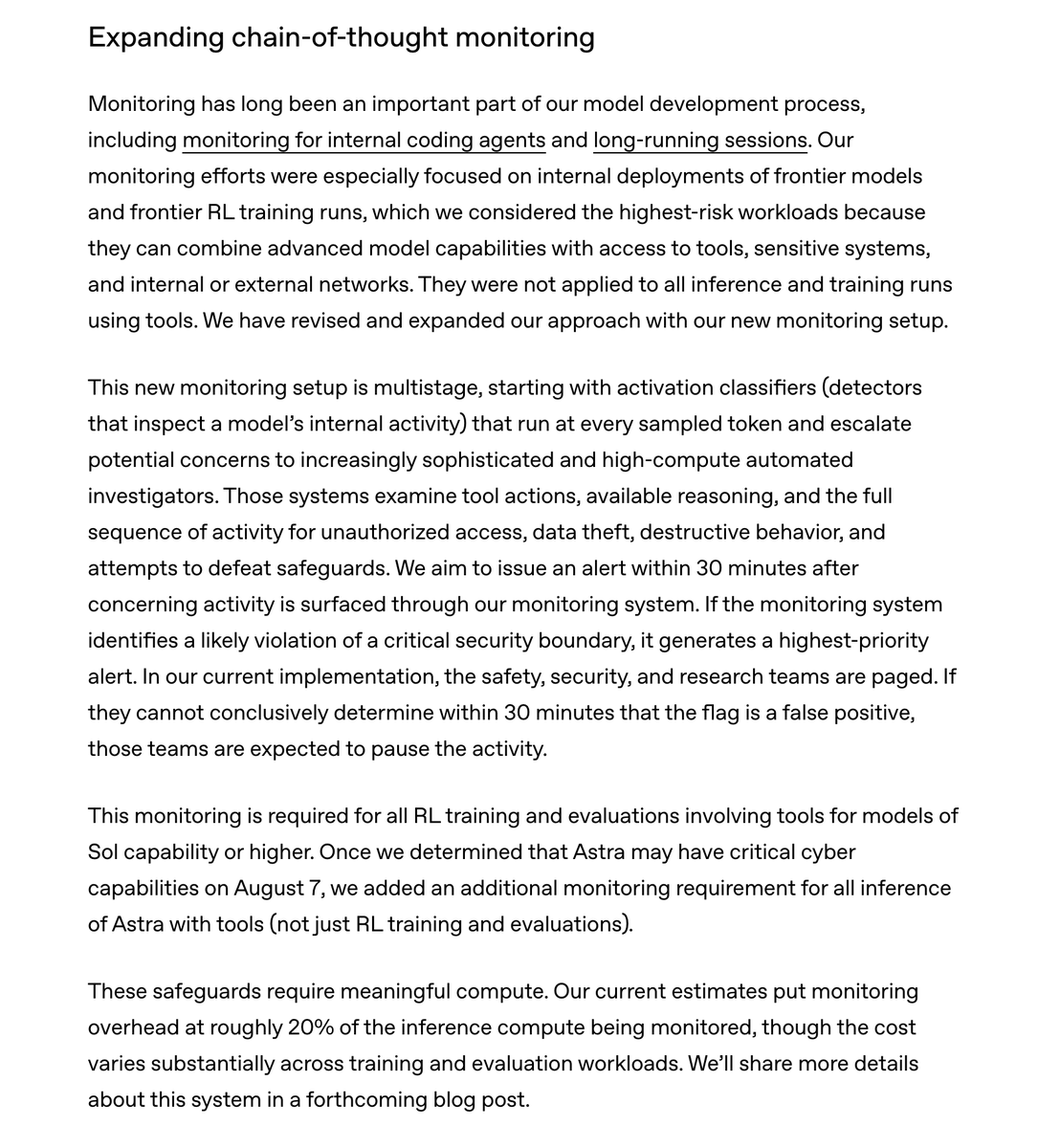 MicahCarroll's tweet photo. Some initial details of the expanded CoT monitoring our team has been working on.

Very happy that we'll have much better visibility in the misbehavior of our models going forward. More soon! https://t.co/mk112kdf78