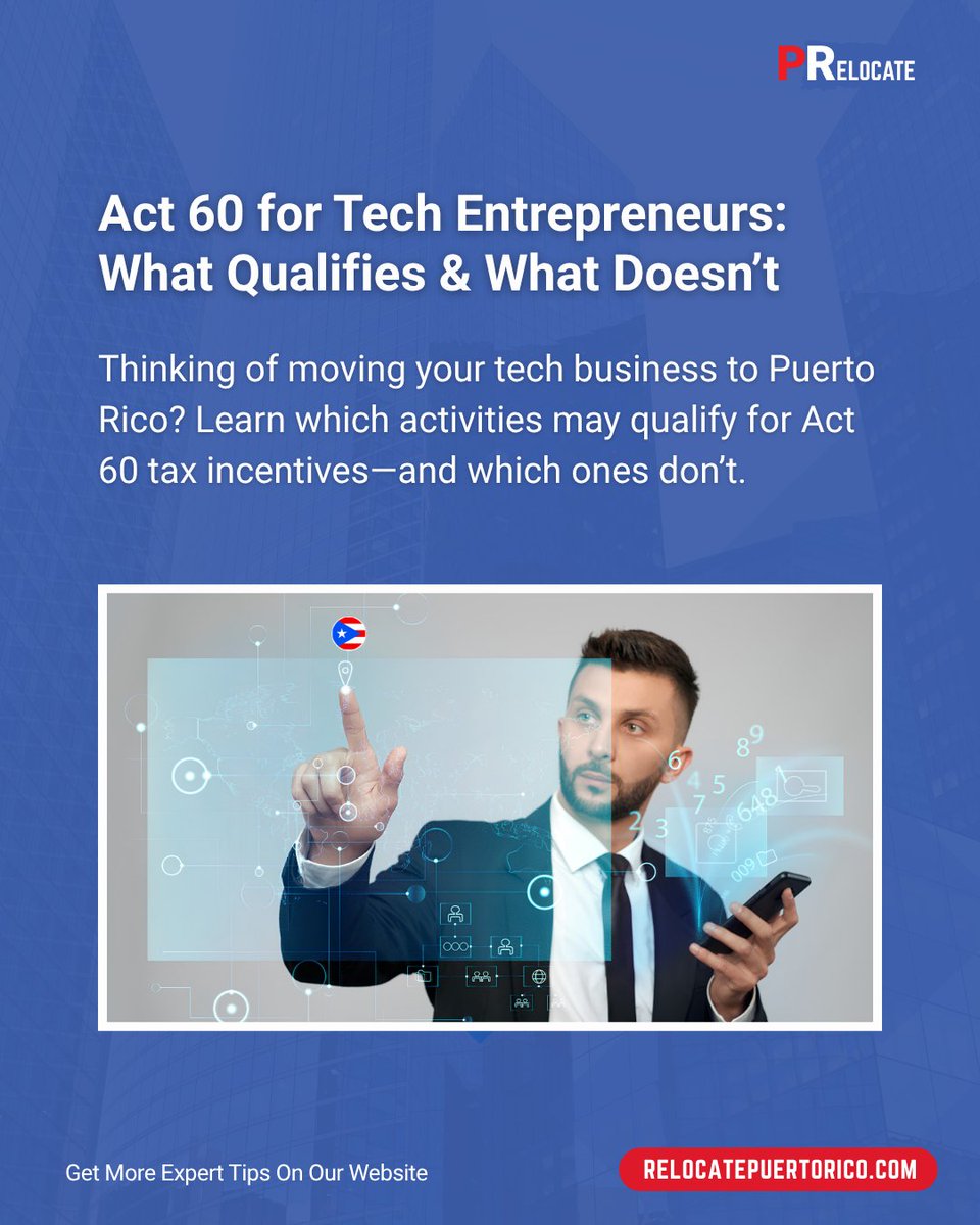 RelocatePR's tweet photo. Building a tech business in Puerto Rico? Act 60 may offer major tax advantages—but eligibility matters. Learn what qualifies, what doesn’t, and how to get started. 🇵🇷

Read the full guide: https://t.co/yPKgoqSX3k

#PuertoRico #Act60 #TechEntrepreneurs https://t.co/1o3aPoG0ti