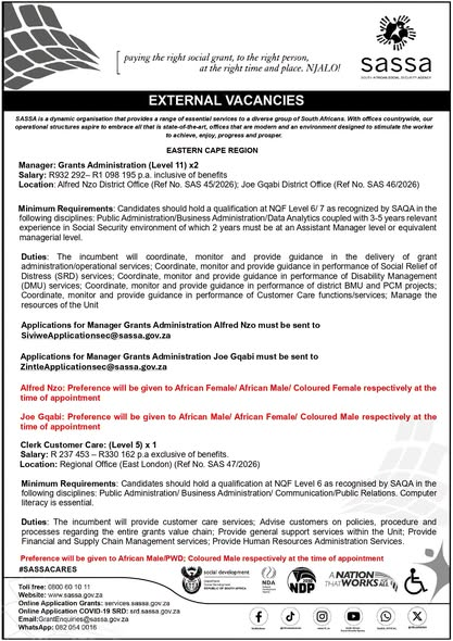 MetjahTebogo's tweet photo. Grant Administrator x10 posts
Manager: Grants Administration x2 posts
Clerk Customer Care

SASSA

Closing date 25 August 2026 https://t.co/4ol3irv2OR