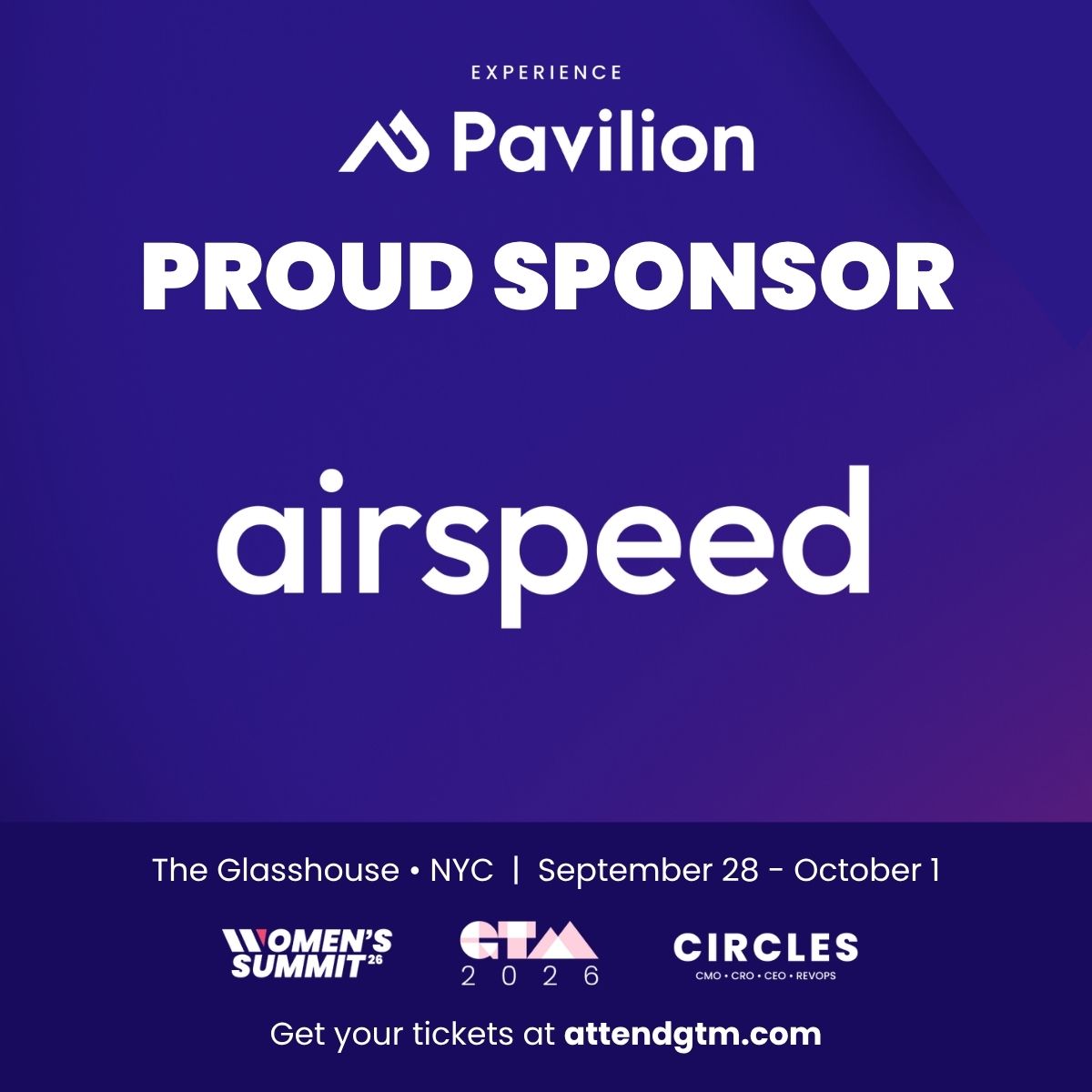 goairspeed's tweet photo. Time to save your seat at Pavilion's GTM2026 from Sept 28–Oct 1, at the Glasshouse, NYC! 🌆 

We'll be sponsoring the event for over 1,000 VP+ operators across sales, marketing, customer success, RevOps, and the CEO seat to discuss what gives you an edge in GTM!

Here's what to expect:
Monday, September 28: Women's Summit. 
Tuesday, September 29: CRO, CMO, RevOps, and CEO circles.
Wednesday, September 30 to Thursday, October 1: a full-circle of GTM2026 .

Hope to see you there! More info on https://t.co/rE99iaaBYb

#GTM2026