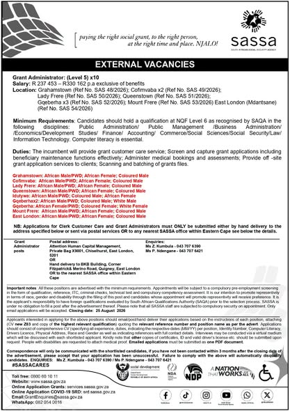 MetjahTebogo's tweet photo. Grant Administrator x10 posts
Manager: Grants Administration x2 posts
Clerk Customer Care

SASSA

Closing date 25 August 2026 https://t.co/4ol3irv2OR