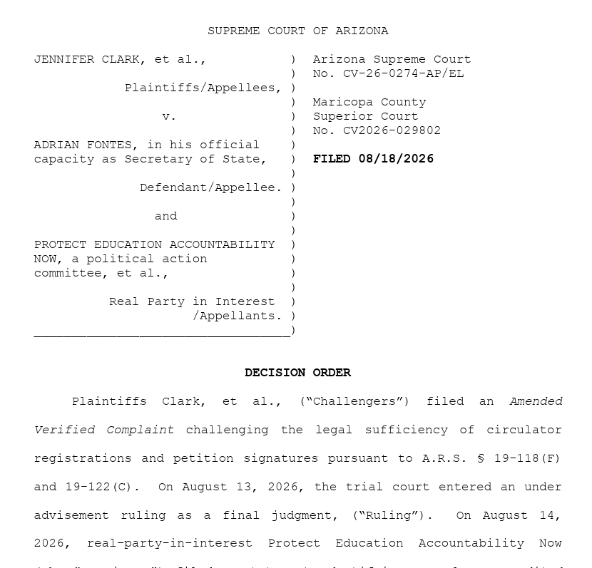 Garrett_Archer's tweet photo. BREAKING: Arizona Supreme Court rules Prop 212, an initiative proponents say would add guardrails to the states ESA program, is ruled to not have enough signatures to qualify for the ballot. https://t.co/fPjcwufMtt