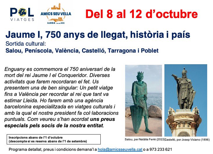AmicsSeuVella's tweet photo. ✨ Aquest octubre fem una escapada cultural!
Del 8 al 12 d’octubre, POL Viatges proposa un recorregut especial per celebrar els 750 anys del llegat de Jaume I.

🗓️ Inscripcions fins a l’1 d’octubre
💸 Descompte reservant abans de l’1 de setembre. https://t.co/1ezti2XaHT