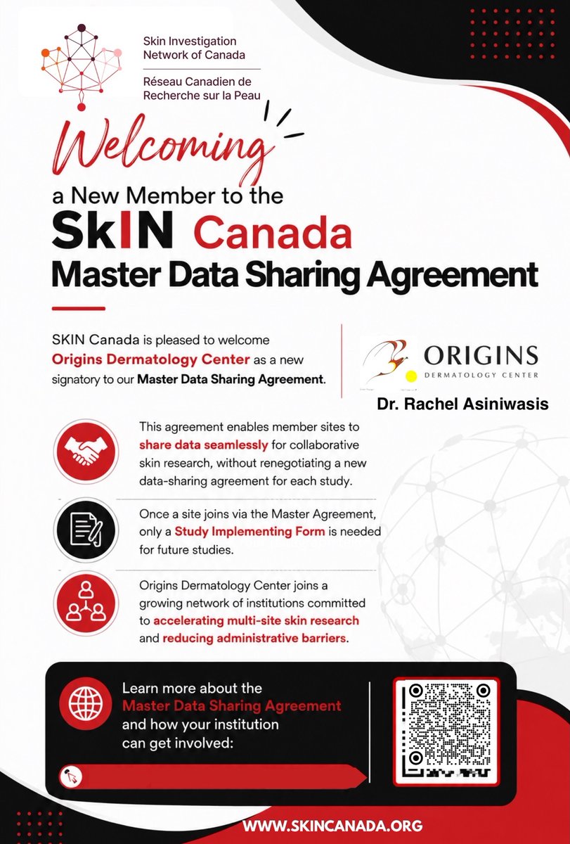 canada_skin's tweet photo. SKIN Canada is pleased to welcome Origins Dermatology (Dr. Rachel Asiniwasis) as a new signatory to the Master Data Sharing Agreement.

🔗 https://t.co/CsRBb5Hd1z

#SkinResearch #DataSharing #ClinicalResearch #AcademicCollaboration https://t.co/hXt9RaPw7x